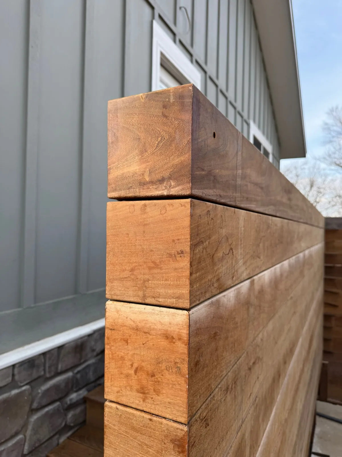 Ipe wall corner post showing the wood grain
