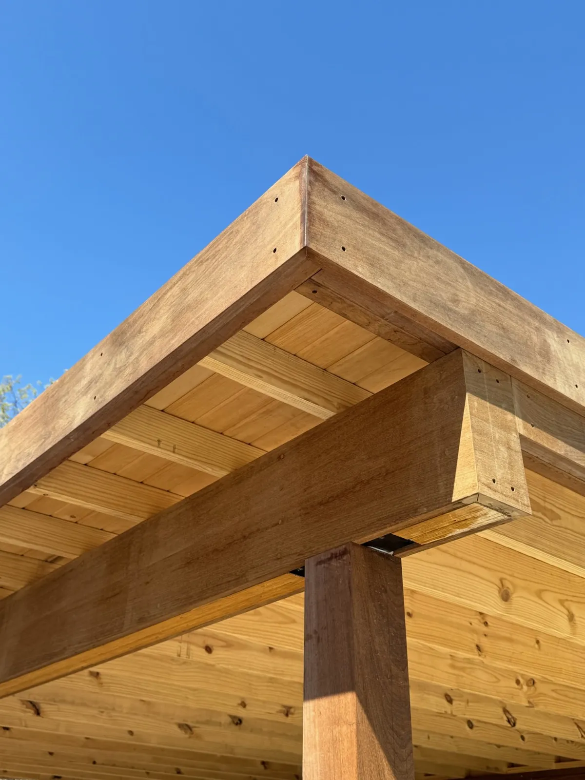Pergola roof underside corner and post against blue sky