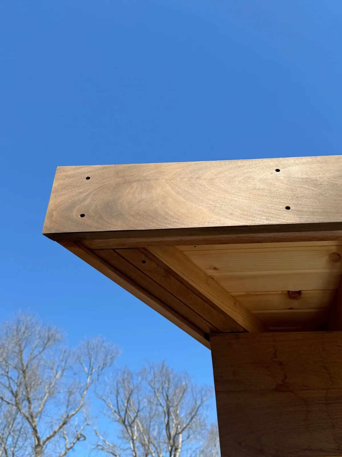 Ipe fascia corner detail against blue sky