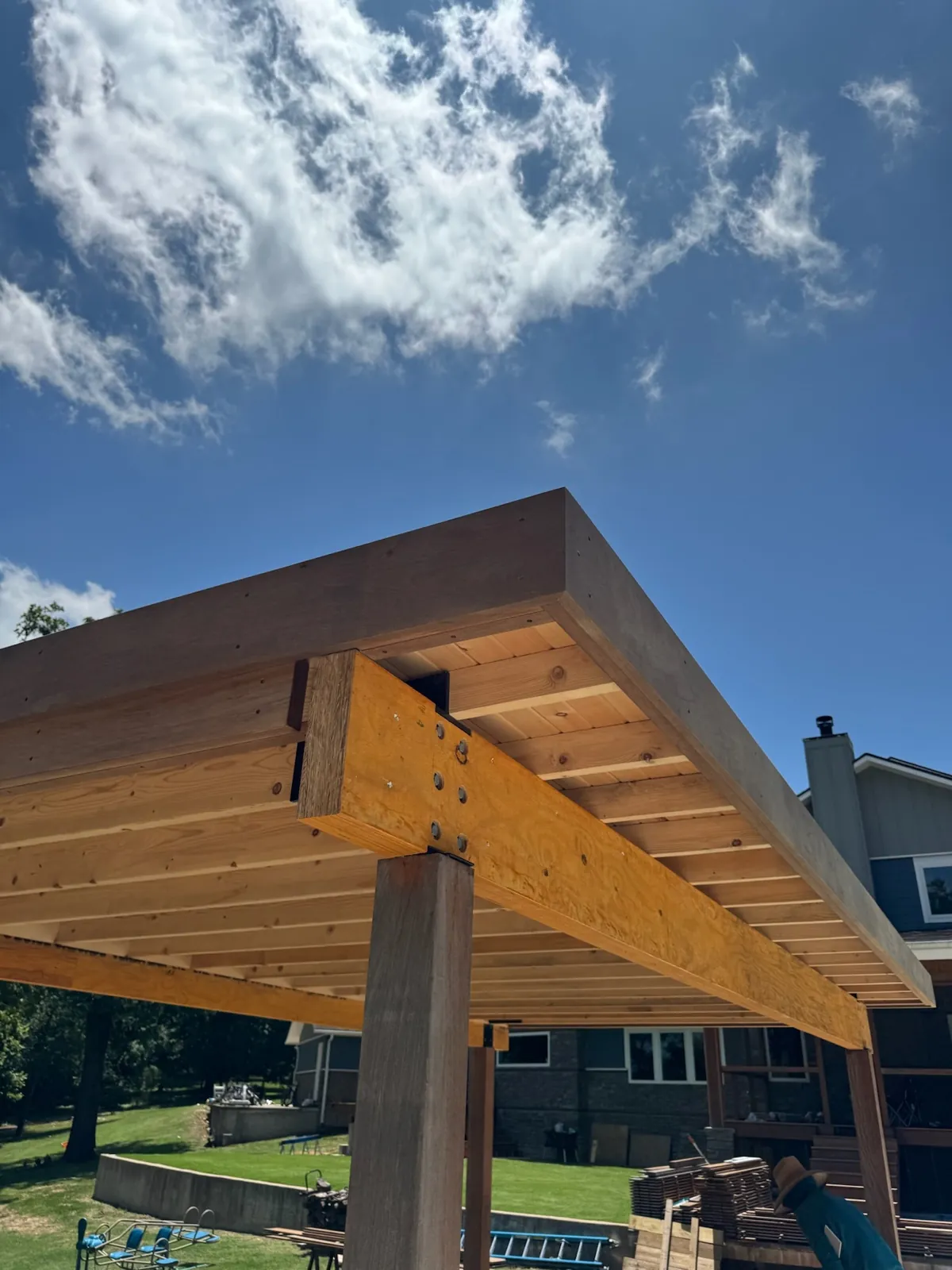 Finished ipe deck corner detail in warm light